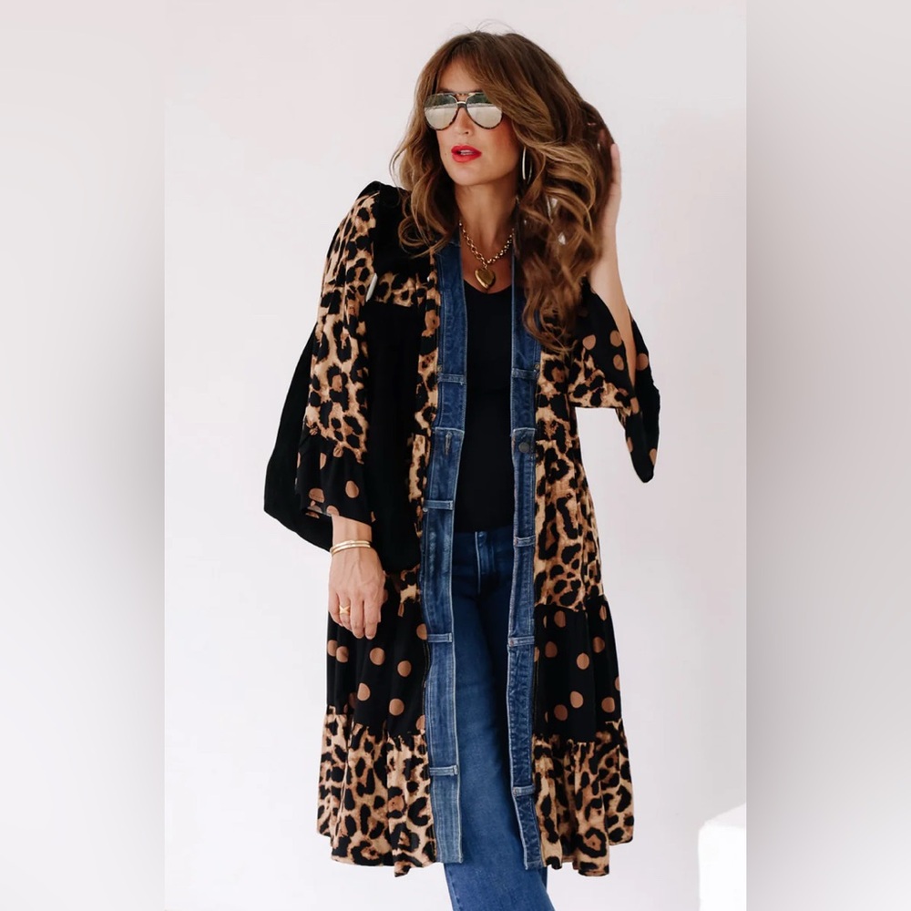 Leopard & Black Patchwork Duster Jacket - Women's Long Coat